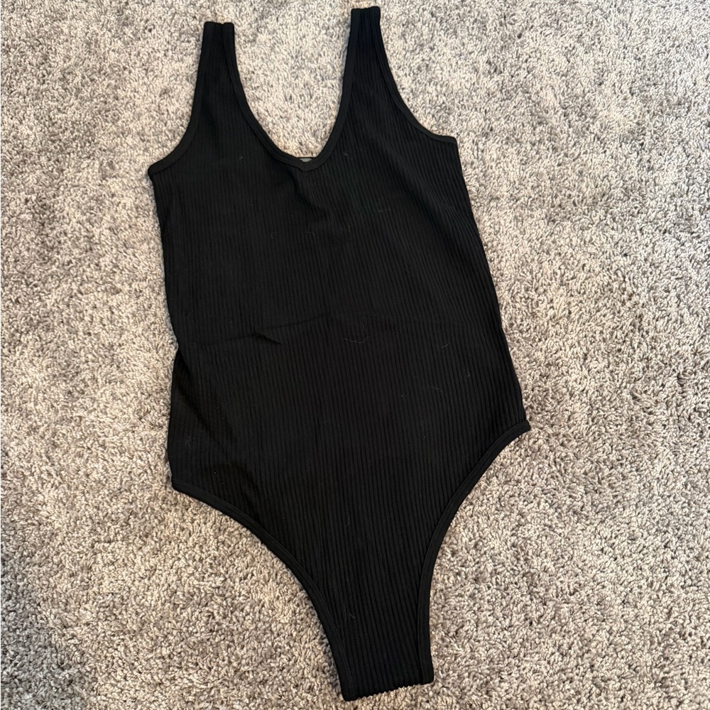 Ribbed Black V-Neck Bodysuit Tank- Women's size M/L